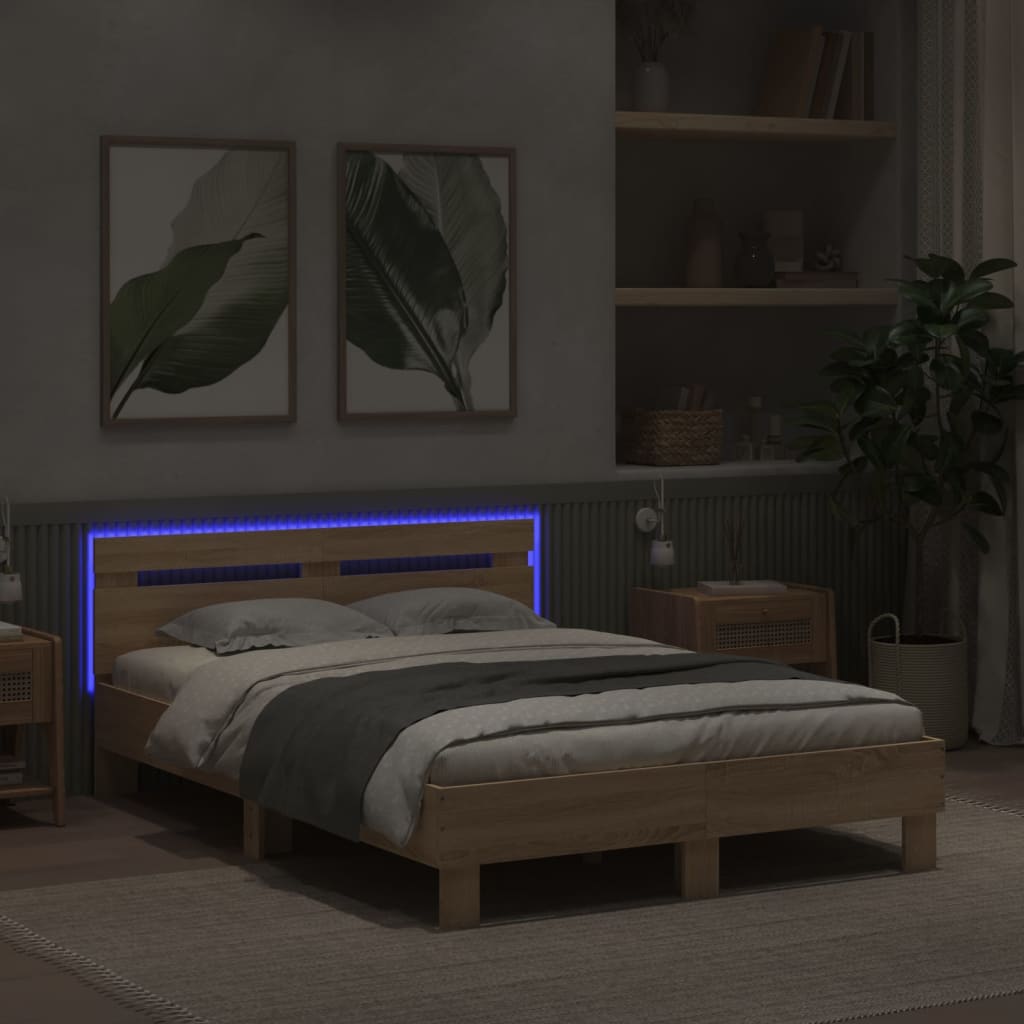 Vidaxl Rama Łóżka Z Wezgłowiem I Led, Dąb Sonoma, 135X190 Cm