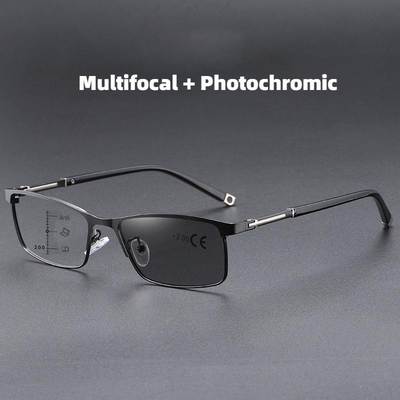 Gleitsichtbrille mit phototroper Optik, elegante Businessbrille mit quadratischem Metallrahmen und Blaulichtfilter