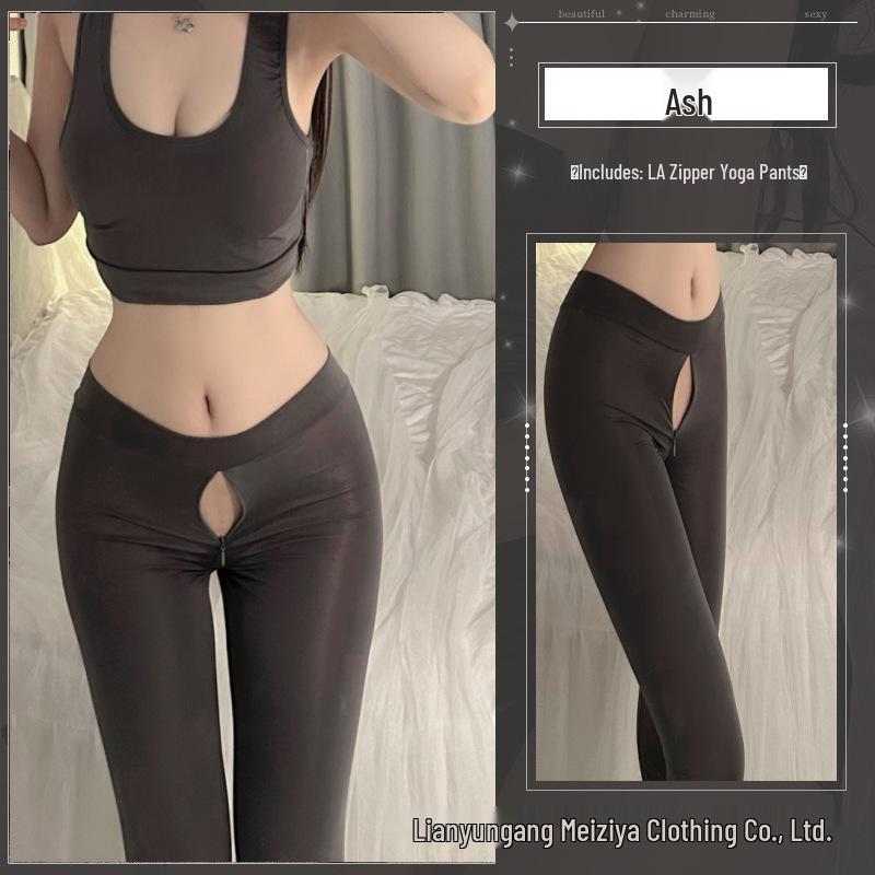 Sexy Ice Silk Open Crotch Yoga Pants with Invisible Zipper