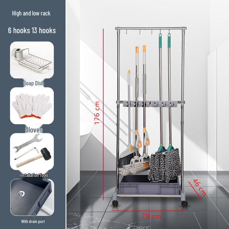 Movable Stainless Steel Mop Storage Rack with Hooks for Floor-Standing Draining in Schools and Factories