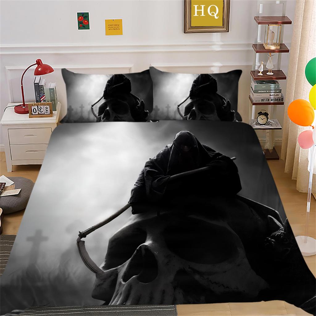 Set de lenjerie de pat imprimat cu model de groază 3D cu model de cap de craniu pilotă și fată de pernă 2/3 bucăți atmosferă festivă de Halloween Decor pentru casă