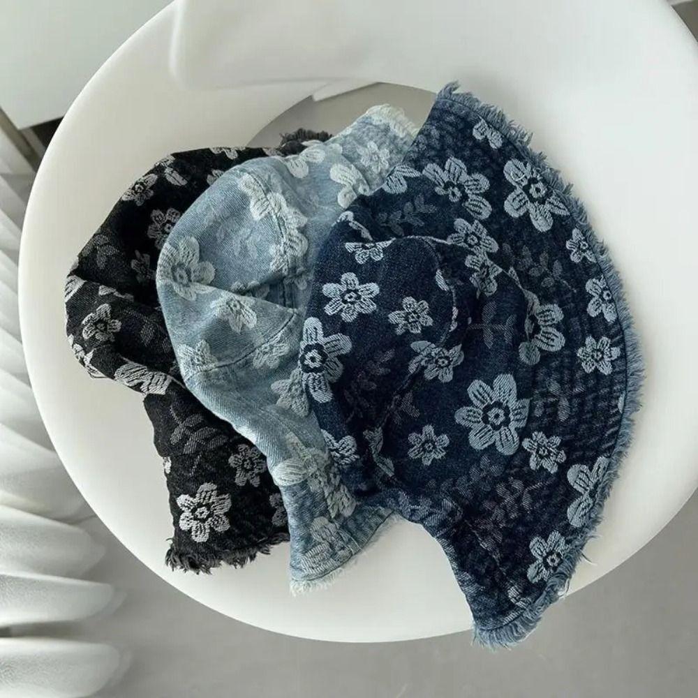 Frayed Brim Cowboy Bucket Hats Flower Embroidered Sunscreen Sun Cap Denim Fisherman Hat  for Women