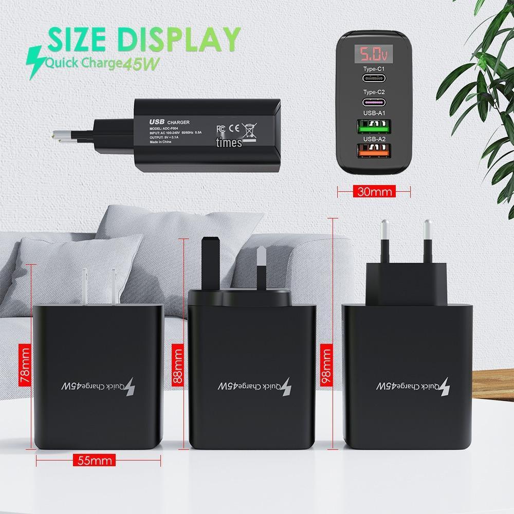 45W Multi-Port Charger with Digital Display - Fast Charging for EU/US/UK Mobile Devices