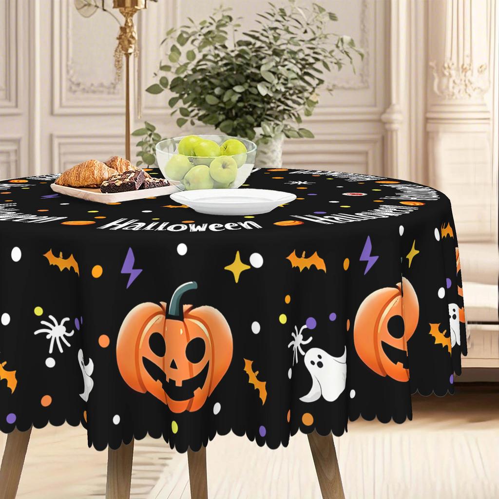 1 Halloween Runde Tischdecke 60 Zoll - Geister, Fledermäuse, Kürbisse und Spinnenmuster für lange Tische