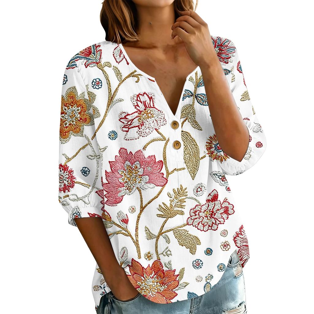 Women Floral Print Henley Button Neck Shirt Three Quarter Sleeve Cotton Linen Blouse Casual Loose Fit Top