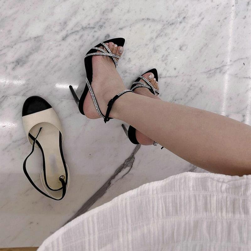 Fashion All-Matching New Pointy Open Toe Around Diamond Stiletto High Heels Female One-Line Buckle Black Satin Sexy Sandals Female