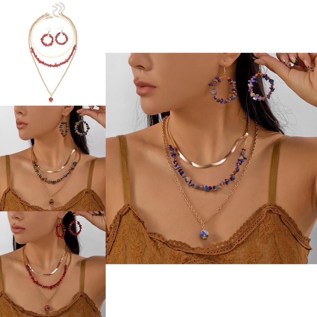 Vintage Style Crushed Stone Plated Locking Necklace And Earrings Set For Female Fashion Enthusiasts