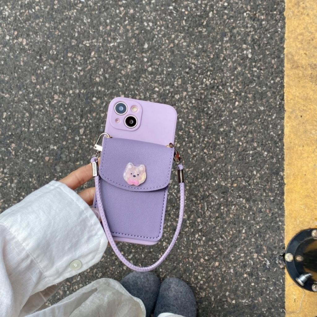 Korean Simple Cute  Puppy Purple Case With Leather Bag Rope For iPhone 13 15 14 16 Pro Max 13 15 14 16 Pro Shockproof Back Cover
