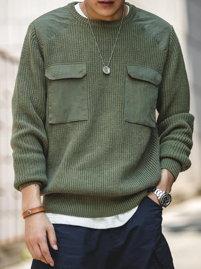 US Army TYPE Command Sweater with Long Sleeve Crew Neck [Norman] Men's Pockets, (Green, M)