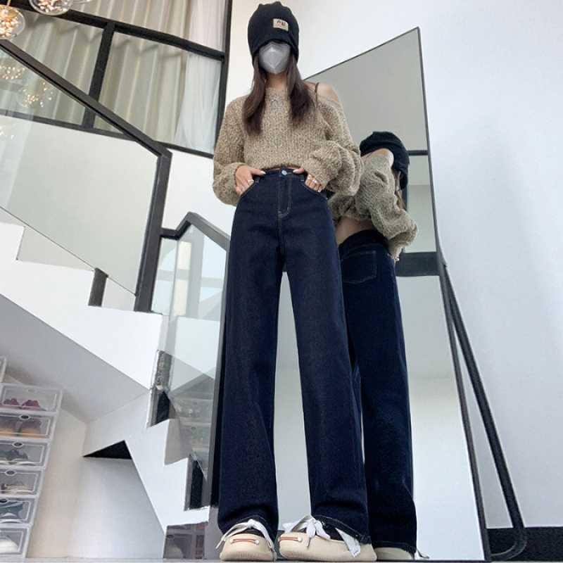 Natural Denim Blue High-Waisted Straight Leg Jeans - Slimming Retro Elastic Fit Large