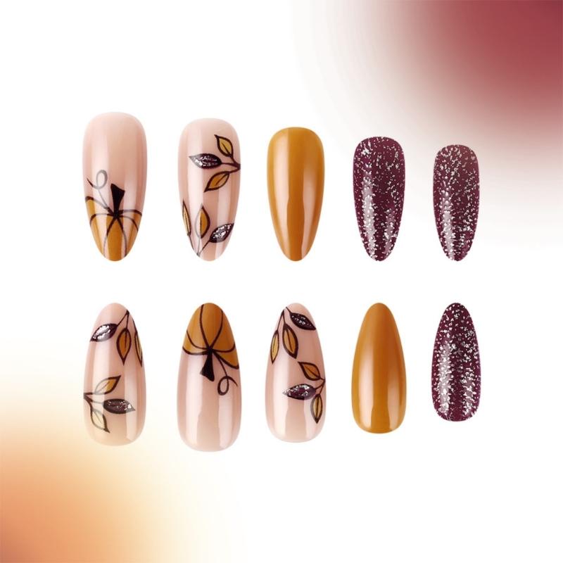 Maple Leaf Desings Halloween Stick On Nail Thanksgiving Gift Almond False Nails for a Festive Autumn Nail Makeover
