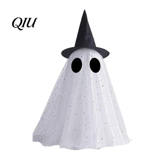 Minimalistický sváteční stolní doplněk Halloweenská dekorace duch, Strašidelná síťovina s flitry s čarodějnickým kloboukem/mašlí, Skládací stojící ozdoba Malý stolní