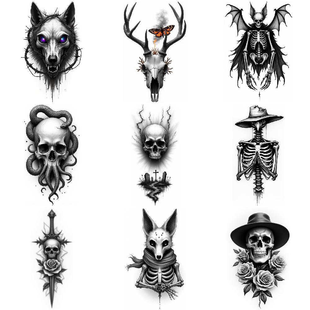 3pcs Temporary Tattoo Waterproof Long-lasting Body Stickers Skull With Snake Cracked Skull Fox Skeleton For Thighs Adults