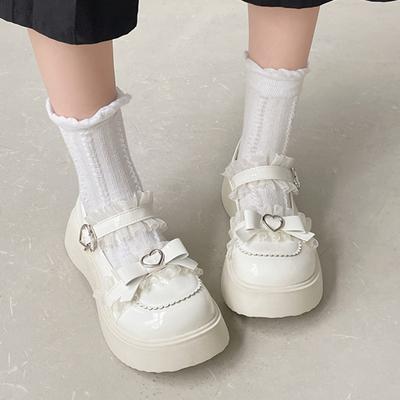 Kawaii Lace Bowknot White Lolita Shoes Women Heart Buckle Platform Mary Janes Woman Japanese Style Patent Leather Jk Shoes