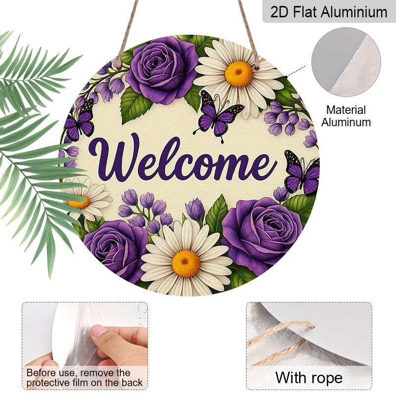 2D Flat 1pc, 8x8 In Printed Artwork, Welcome Wreath Butterfly Round Aluminum Metal Sign, Wall Home Room Farmhouse Home Street, Shop, Garage, Farm