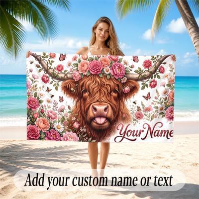 Highland Cow Theme Quick Dry Beach Towel Custom Name Text Print Large Sand Resistant Towel Beach Vacation