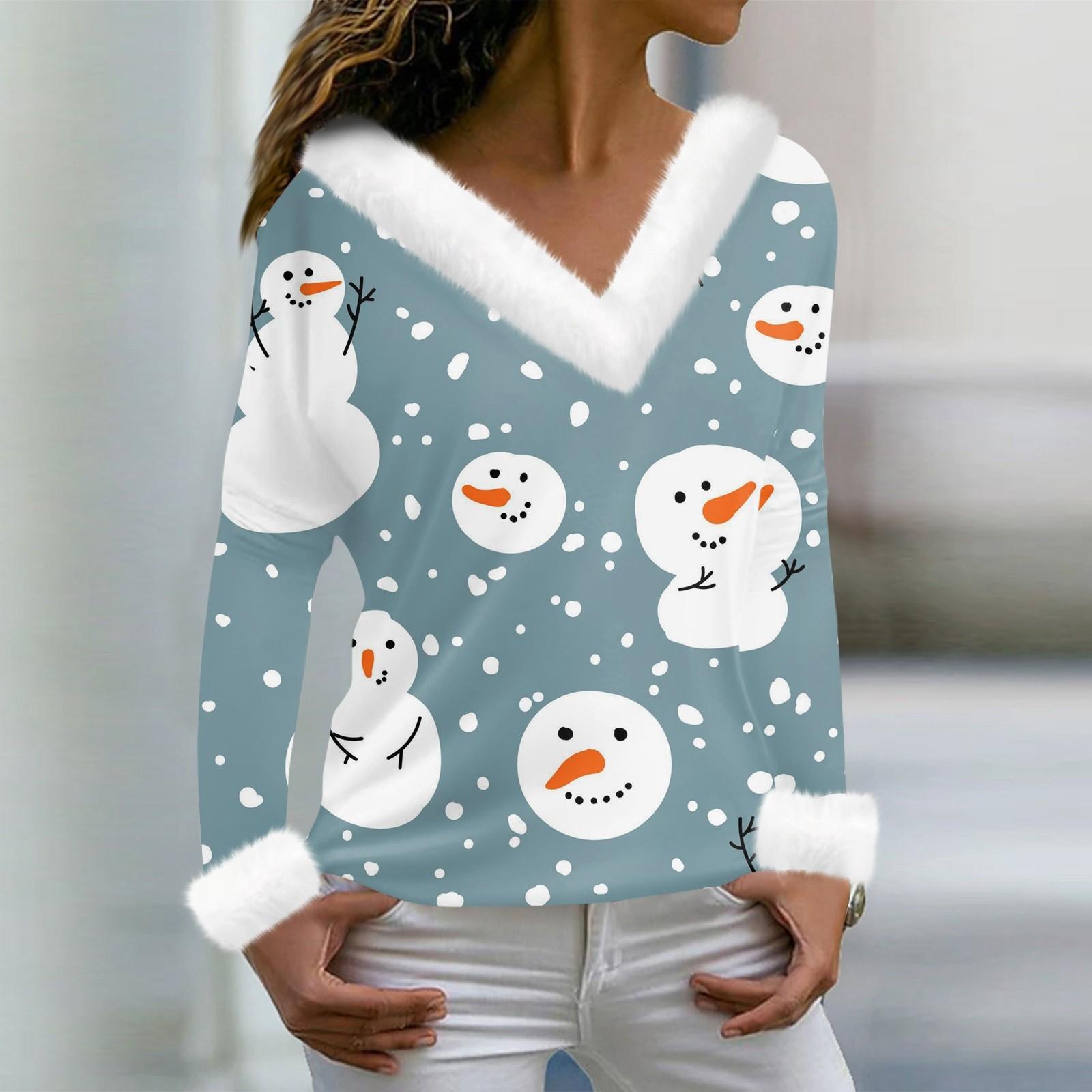 

Женская мода с длинным рукавом и рождественским принтом для вечеринки, плюшевый топ с v-образным вырезом XXL