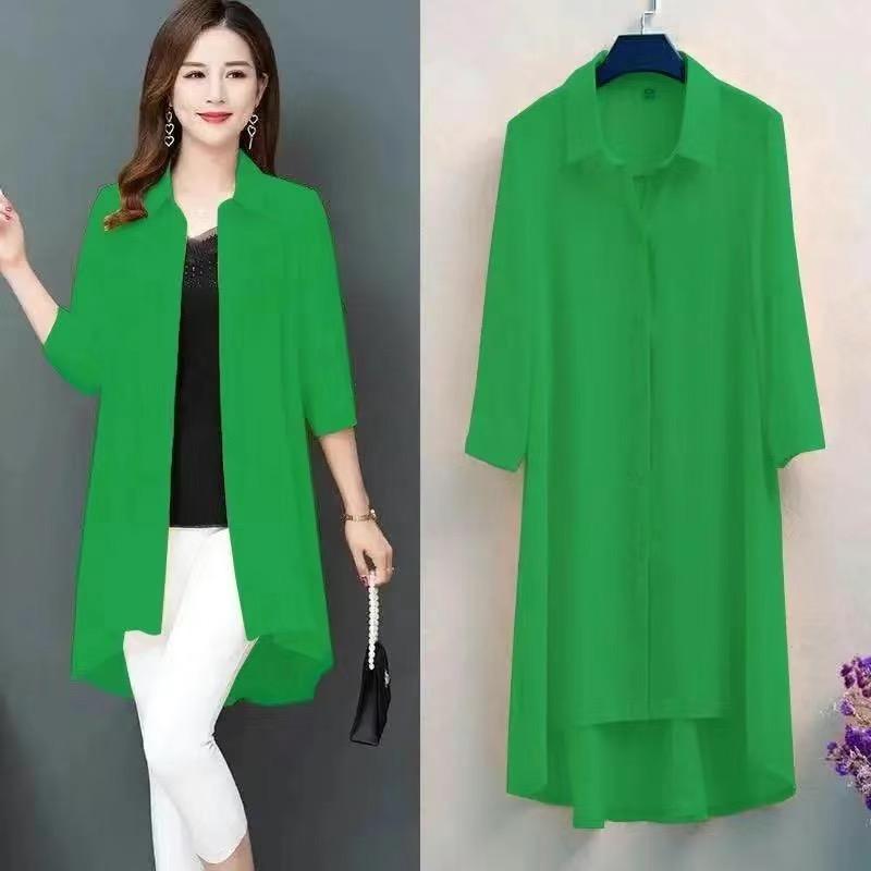 Chiffon Shirts Women's Large Size Mid-Length Three-quarter Sleeve Cardigan Outer Sunscreen