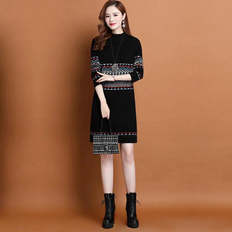 Slim Sweater Dress for Women In Winter Thickened and Warm Half Turtleneck Pullover Solid Color Casual Mid-length Knitted Sweater