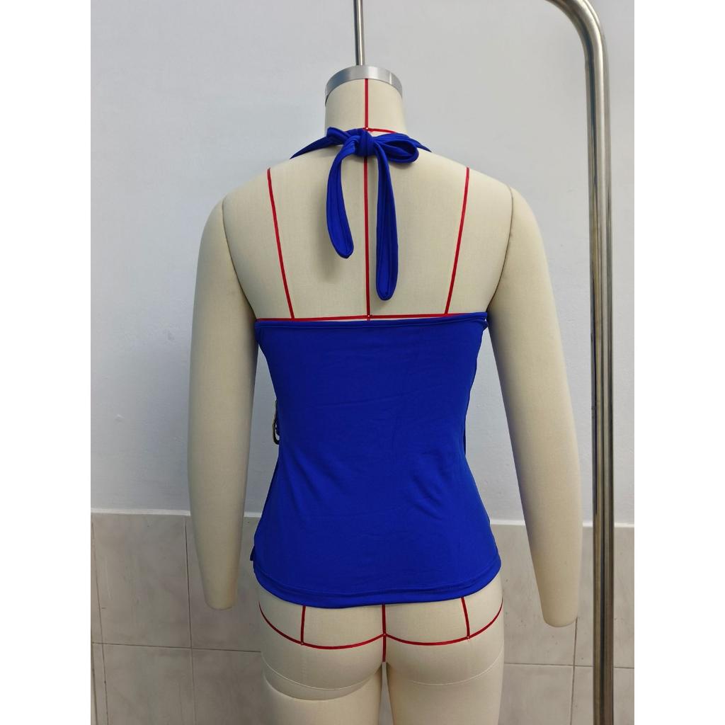 Summer Women's European American Style Solid Color Sleeveless V Neck Sexy Crisscross Halter Backless Crop Top