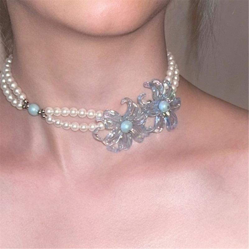 2-Layer Artificial Pearls Pendant Necklace with Flower Design, Fashionable Dainty Neck Chain Jewelry for Daily Wear