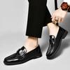 European Men Genuine Leather Dress Shoes Plaid Print Casual Business Shoes Fashion Slip-on Loafers