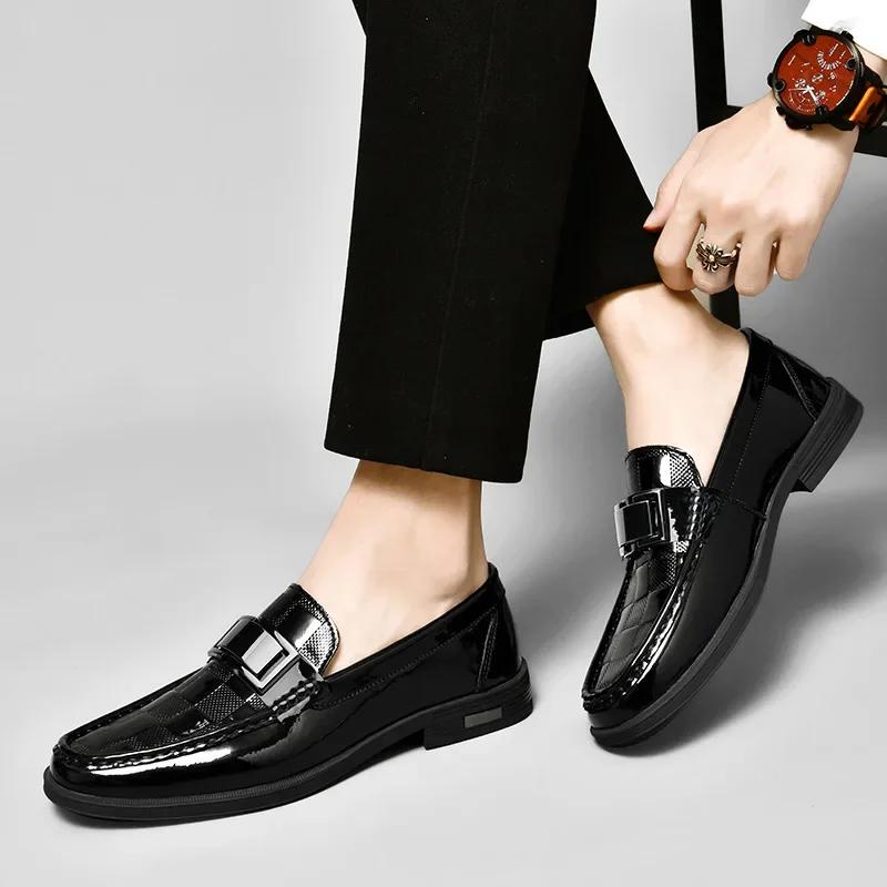European Men Genuine Leather Dress Shoes Plaid Print Casual Business Shoes Fashion Slip-on Loafers