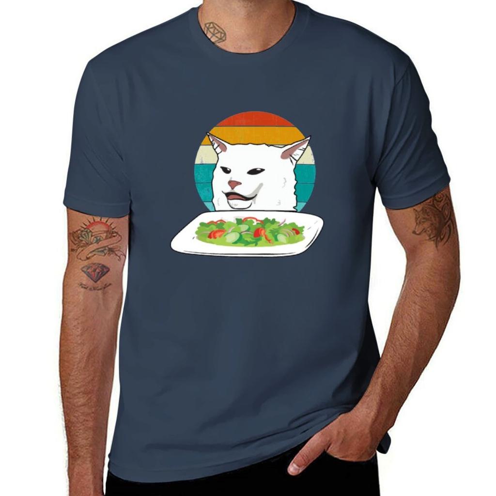 Angry Unisex Yelling At Confused Cat At Dinner Tshirt Work Wear Breathable Tee