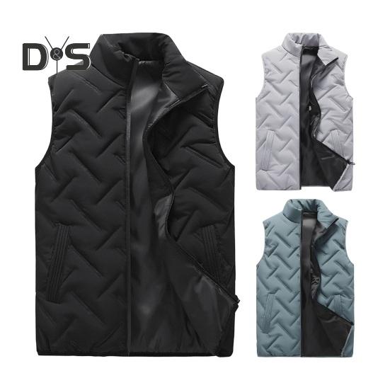 Men Vest Coat Stand Collar Sleeveless Zipper Closure Winter Vest Outwear with Pockets Solid Color Thickened Padding Cotton Coat