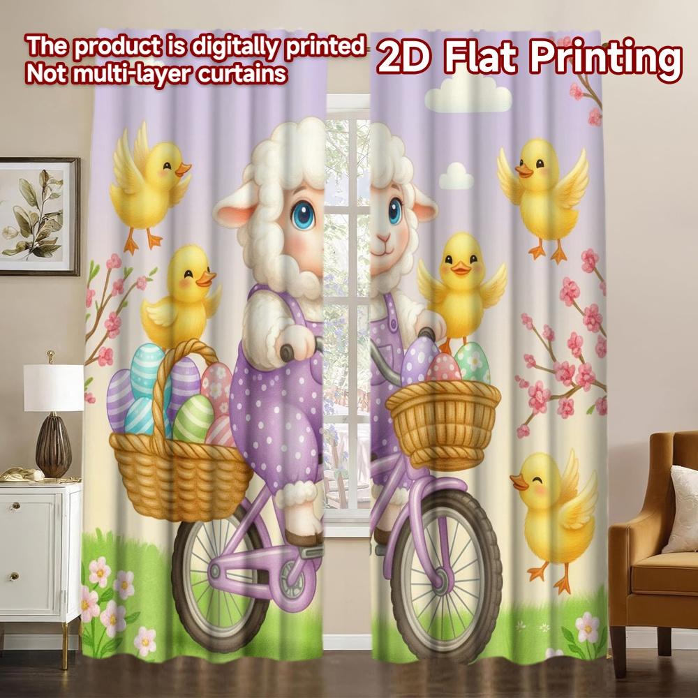 

Set Of 2 Flat Printing Scene Curtain Easter Bunny Chicks Fabric Without Electricity Spring Party Holiday Polyester Machine Washable W100*H70(CM)-Grommet top&2PCS