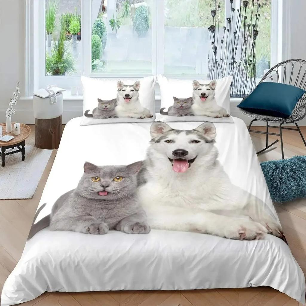Katzen- und Hunde-Bettbezug-Set Mops Bettwäsche-Set Kawaii Welpe Tier Bettdeckenbezug Valentinstag Liebesherz Hochzeit Steppdeckenbezug