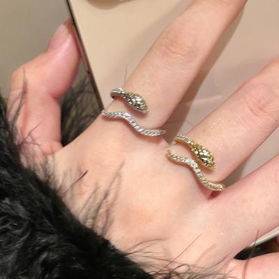 Korean Version of Snake-shaped Super Flash Zircon Ring Retro Fashion Design Sense Index Finger Ring Niche Cold Wind Personalized Jewelry Women