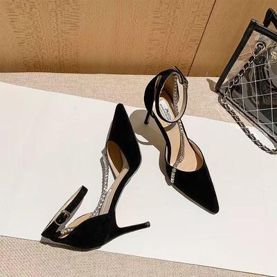 Dames Zwarte Stiletto Hakken 2025: Modieuze puntneus, gesp met één bandje, strass sandalen met gesloten teen.