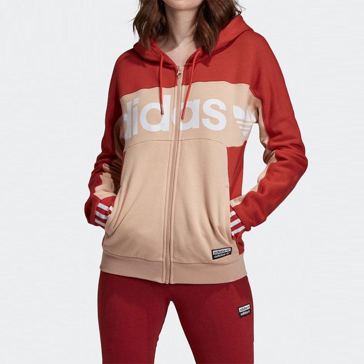 Adidas Originals Alphabet Print Colorblock Casual Hoodie With Full Zip Women Tops Red FH7558