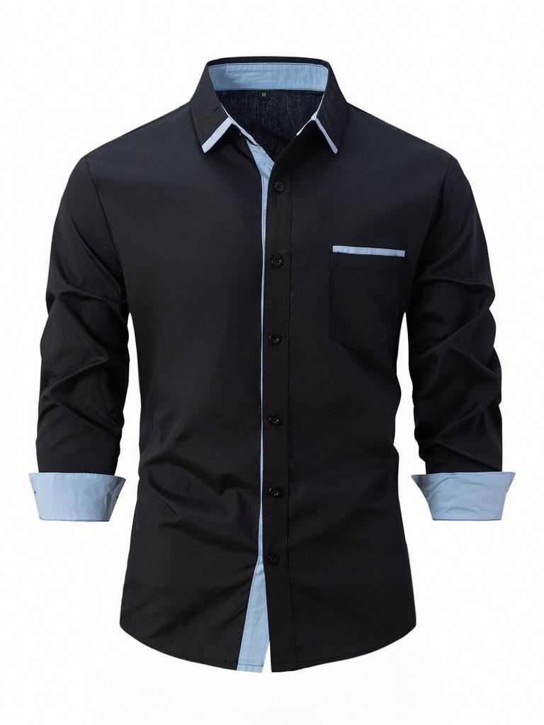Men's Color Block Slim Fit Cotton Shirt - Long Sleeve, High-End Business Fashion