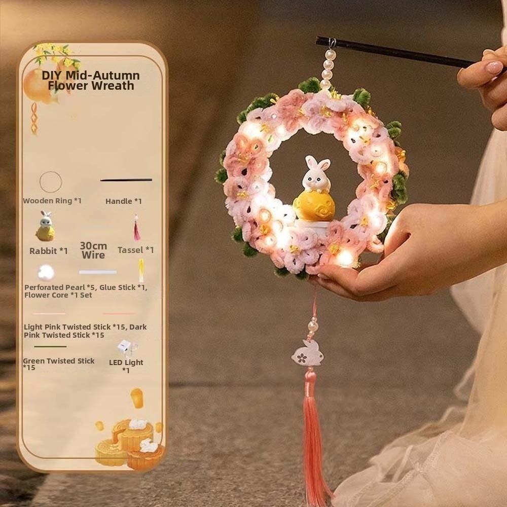 Handmade Rabbit Hoop Lamp Glowing Chenille Stems Craft Bunny Wreath Lantern  Mid-Autumn Festival