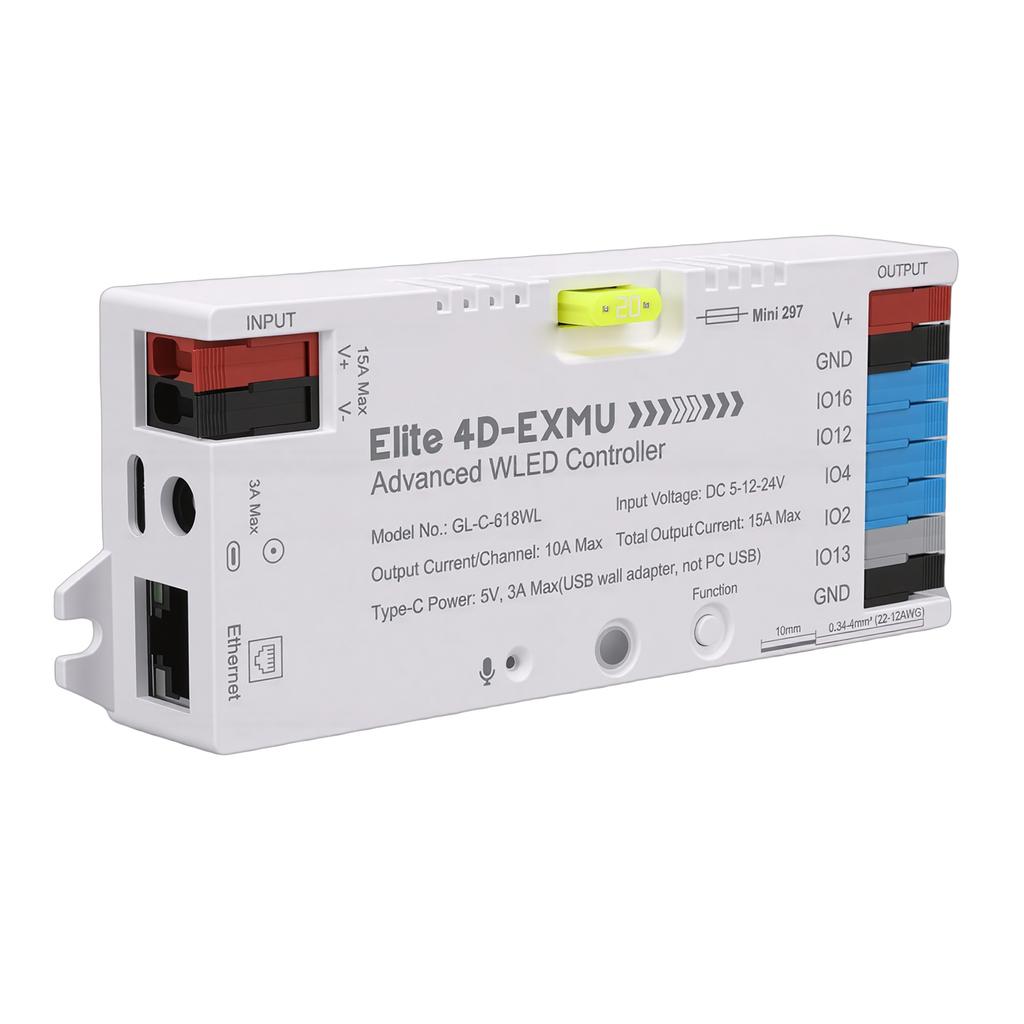 WLED LED Strip Light Controller 4 Output with Ethernet Microphone UART Energy Saving Relay 20A Pluggable Fuse Dynamic
