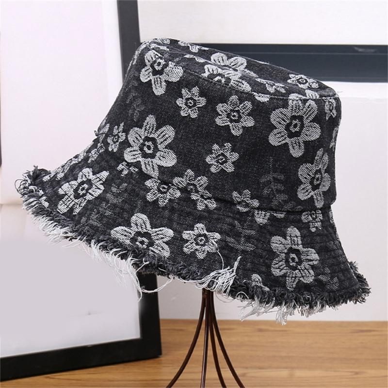 Stylish Distressed Trim Flower Print Fisherman Hat Breathable Bucket Hat for Spring Autumn Daily Outfit Fashion Headwear