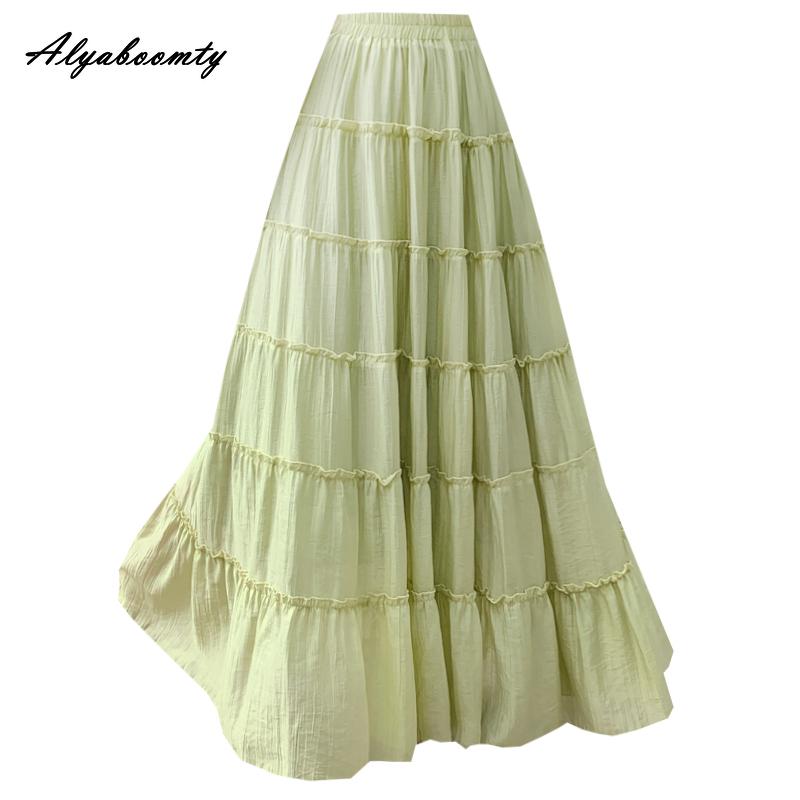 French Style Spring Fall Women Princess Maxi Long Skirt High Waist Black White Beige Green Layered Ruffles Skirt Elegant Feminine Tierred Skirts