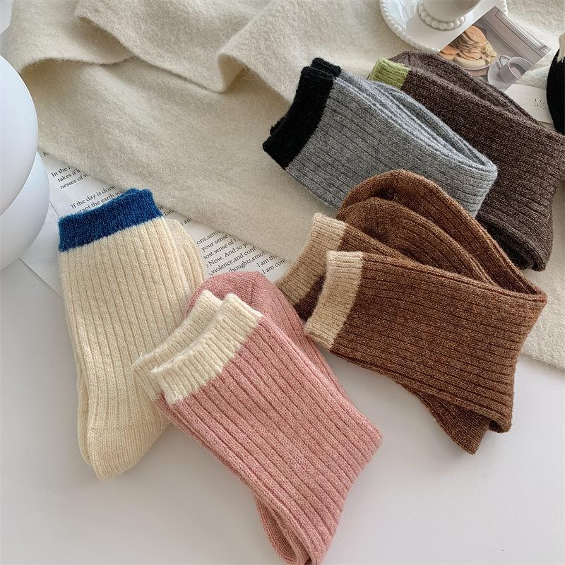 Color-Blocking Double-Needle Merino Wool Socks New Women'S Socks Thickened Warm Mid-Leg Socks Cold-Proof Socks