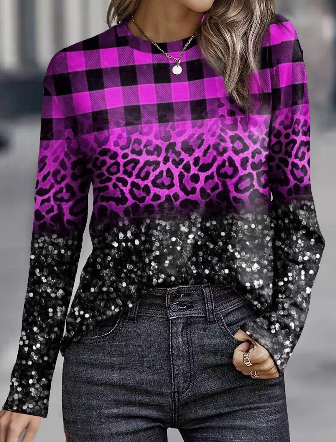 

Женские топы с леопардовым принтом в клетку, повседневный свитер с круглым вырезом и цветными блоками для повседневных выходов, базовый стиль, длинные рукава 5XL