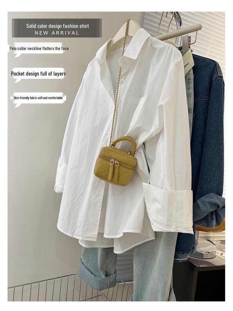 Caramel Mid-Length Women's Autumn Shirt Jacket - Casual, Long-Sleeved, Loose, Slimming Top