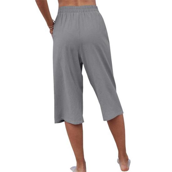 Women Cropped Pants Elastic Waist Pocket Straight Wide Leg Solid Color Daily Wear Thin High Waist Women Trousers Female Clothes