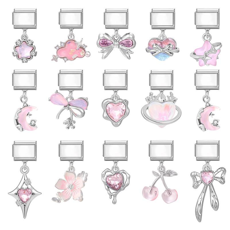 New Sweet Pink Zircon Heart Bows Cherry Moon Star DIY Making Bracelet Women Men Stainless Steel 9mm Italian Charm Links Fit