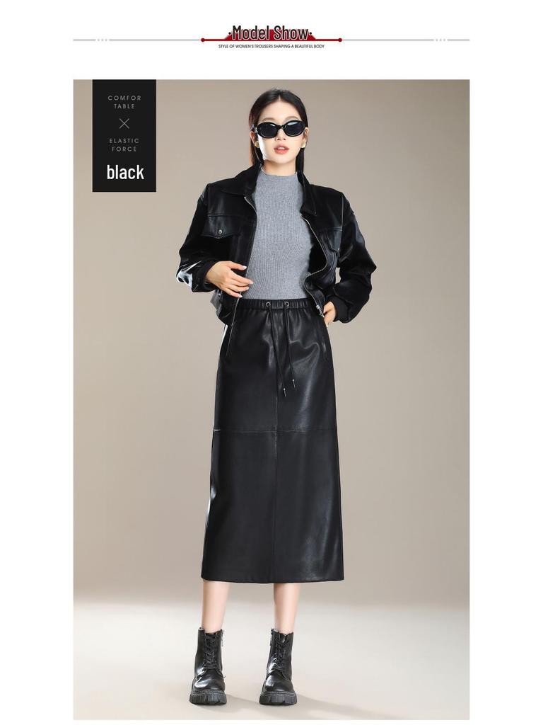 Elegant Slimming Mid-Length Lambskin Skirt with Slit for Women - Fashionable High-End Casual Style