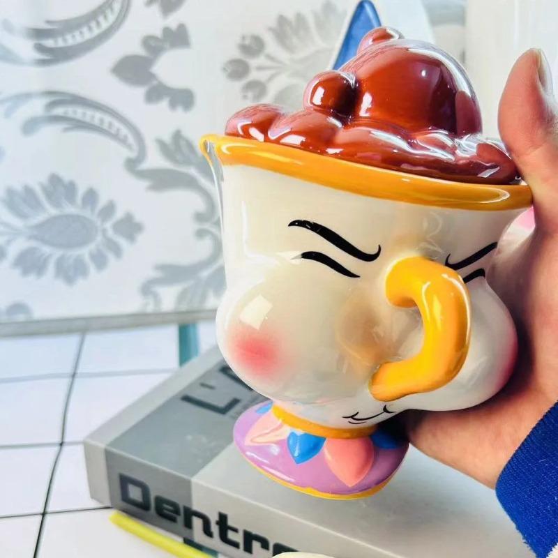 Disney Beauty and The Beast Mug Creative 3D Cartoon Chip Ceramic Cup Large Capacity Kawaii Chip Tea Coffee Mug with Lid Decor