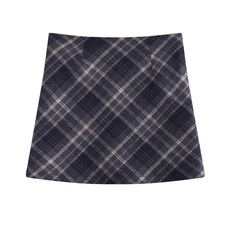 Women s High-Waisted Plaid Wool Mini Skirt - Retro A-Line Wrap, Autumn/Winter Collection Small синий