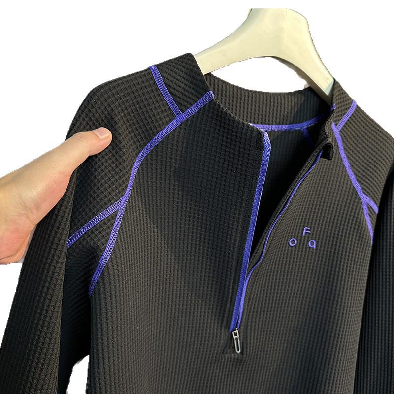 Waffle Knit Stand Collar Fleece-Lined Unisex Half-Zip Long-Sleeve Base Layer Tee