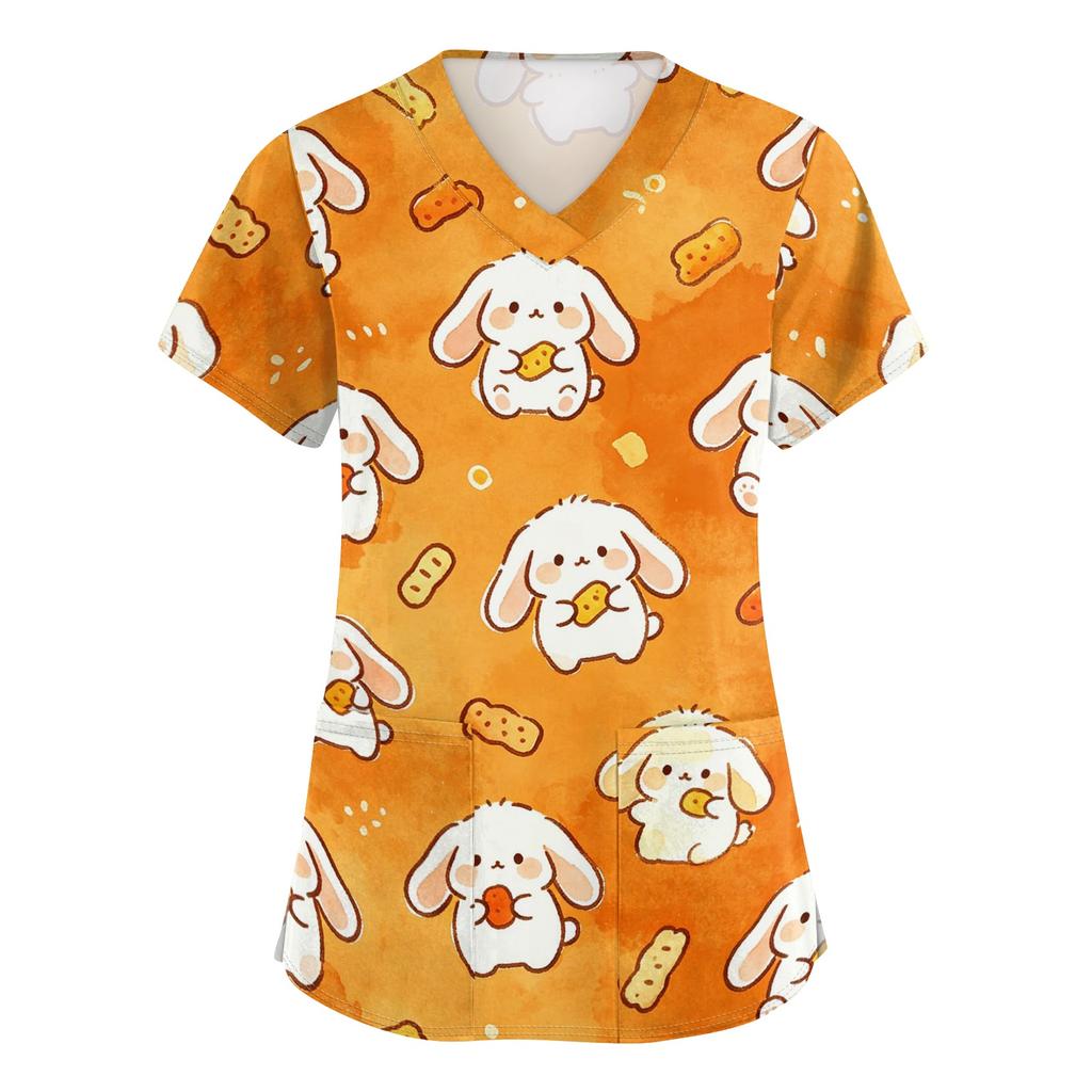 Women's V Neck Short Sleeve Work Top with Pockets Animal Print Medical Scrub Shirt for Healthcare Professionals Nursing Uniform