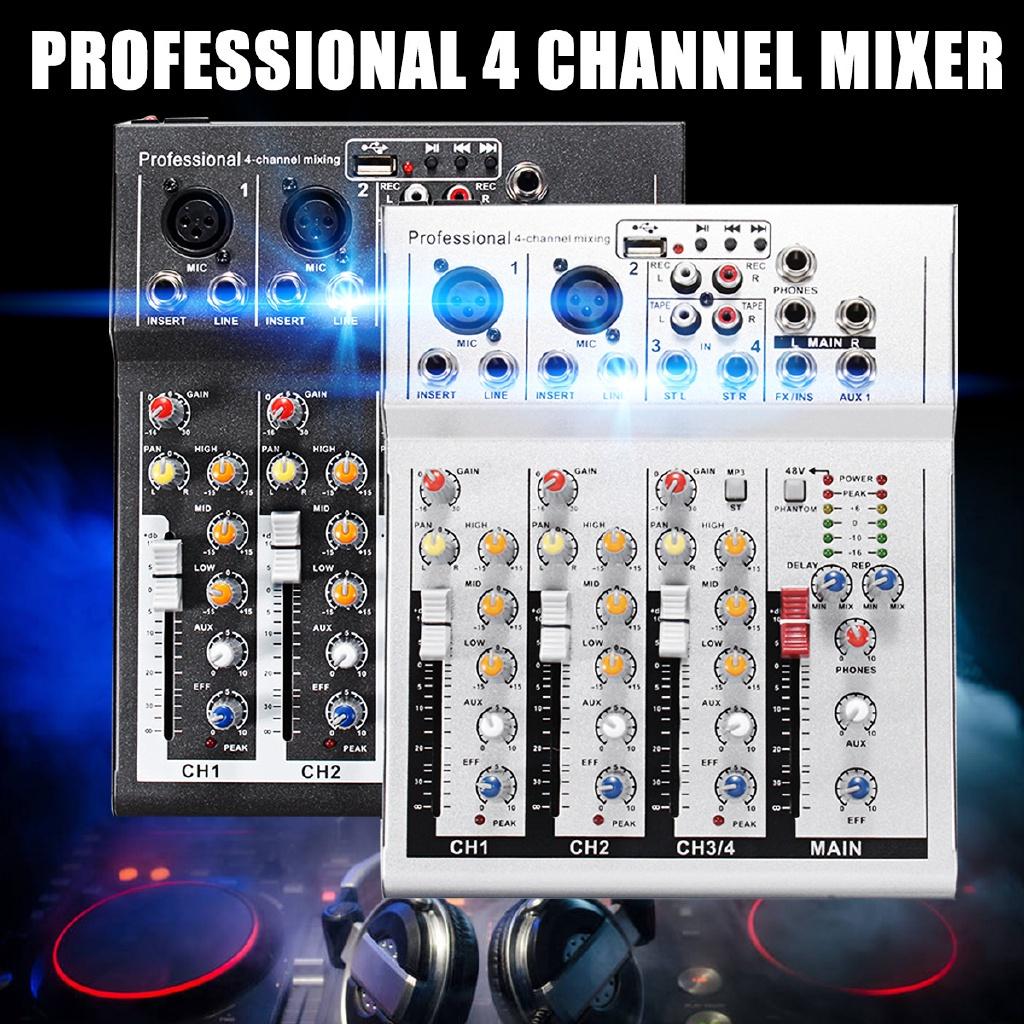 4 Channel Mixer Mini Professional Live Studio Audio Mixer USB Mixing Console DJ Stage KTV black/silver 48V 23.6*19.3cm